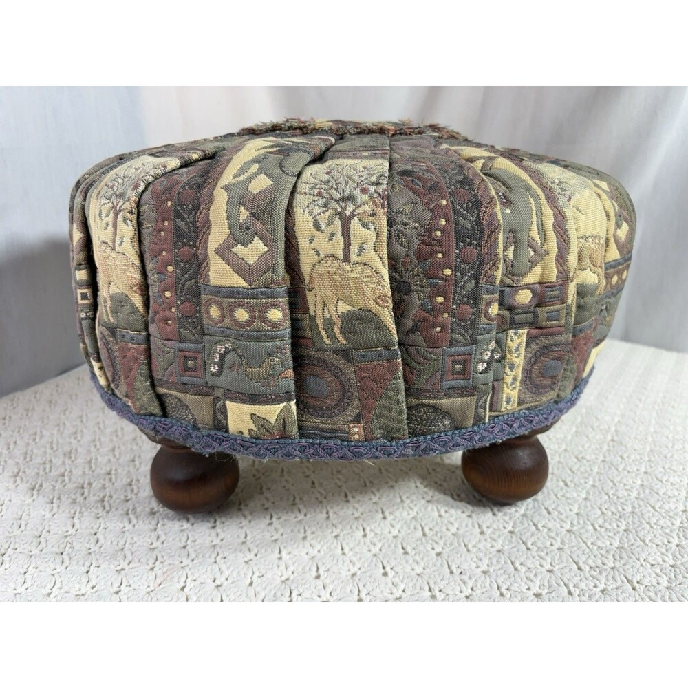 Vintage Tufted Pleated Ottoman Footstool 19" Round 11” Tall Safari Elephants